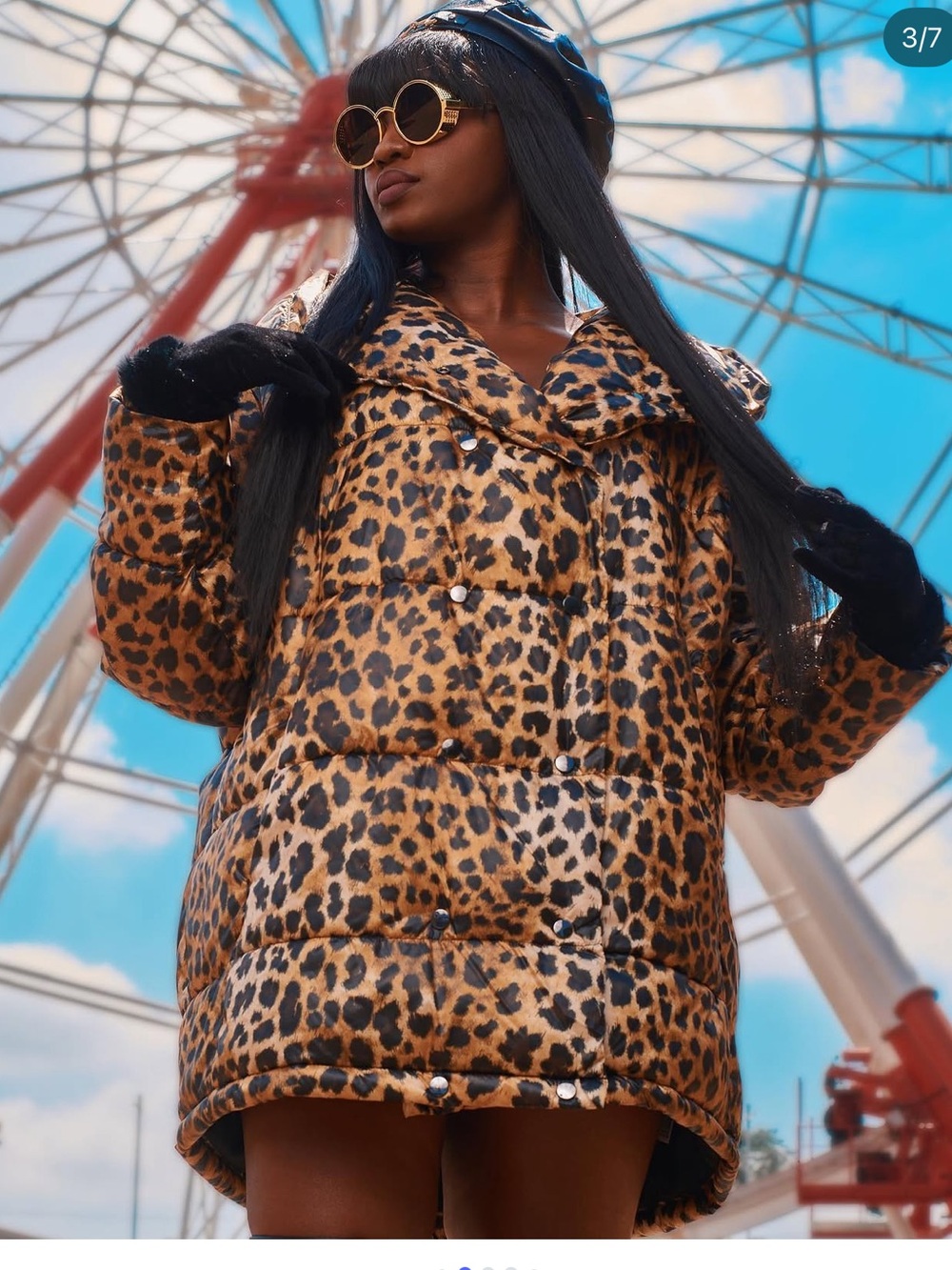 Zara Leopard Print Oversized Puffer Jacket - Brown & Black - Picture 3 of 8